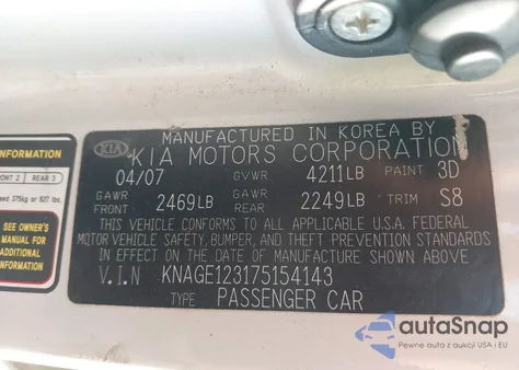 2007 Kia Optima Lx z USA, uszkodzony, nr VIN KNAGE123175154143